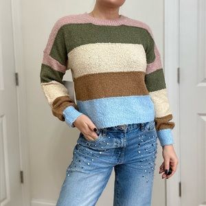 Buckle Color Block Crew Neck Pullover Sweater